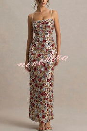 The Center of Attention Floral Print Sequin Square Neck Slip Stretch Maxi Dress