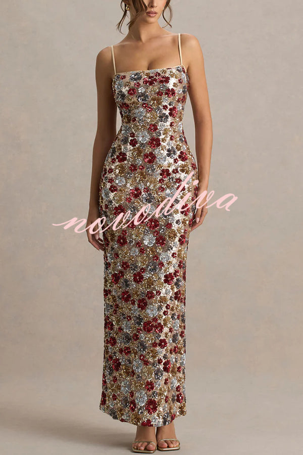 The Center of Attention Floral Print Sequin Square Neck Slip Stretch Maxi Dress