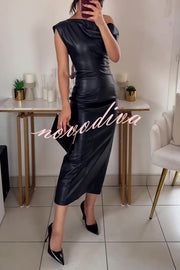 Solid Asymmetrical Slope-neck Leather Midi Dress