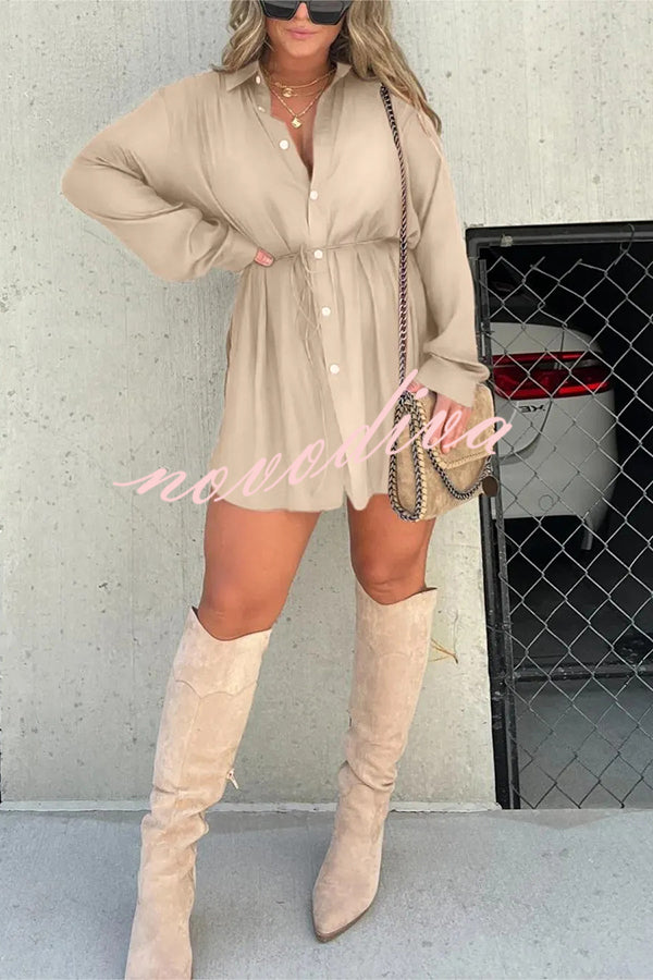 Solid Color Long Sleeve Button Casual Shirt-Style Rompers