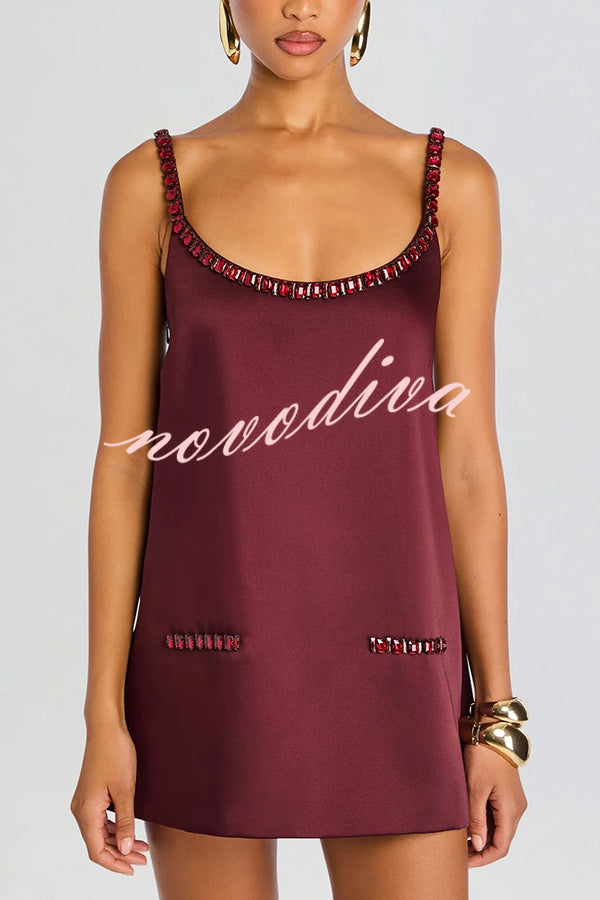 Taste Red Wine Satin Gemstone Trim Round Neck Slip H-line Mini Dress