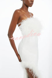 Retro and Glamorous Feather Trim Detail Bandeau Slit Stretch Midi Dress
