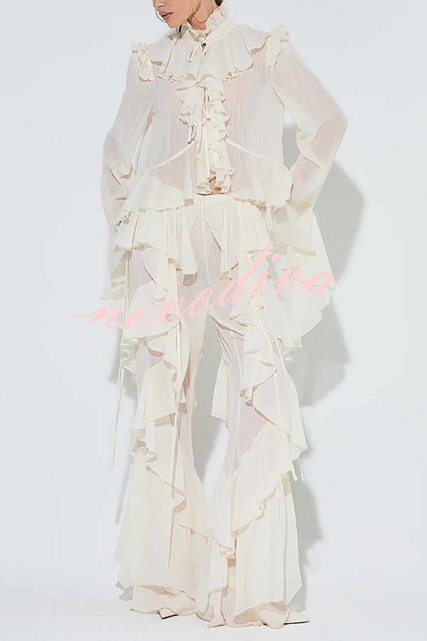 Fashionable Ruffled Elastic Waist Holiday Style Flared Pants