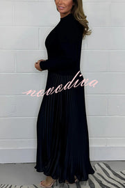 Stylish Knitted Round Neck Long Sleeve Patchwork Pleated Hem Maxi Dress