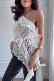Solid Color Lace One Shoulder Ruffled Slim Fit Top