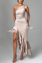 YES I DO Satin One Shoulder Ruched Slit Ruffles Maxi Dress