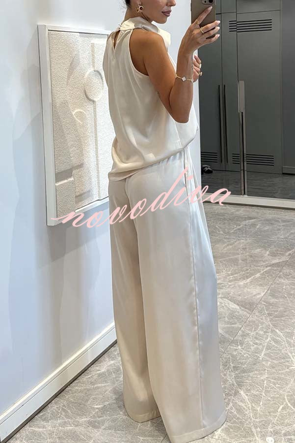 Classic on You Satin High Cowl Neck Top and Elastic Waist Pocket Loose Pants Set