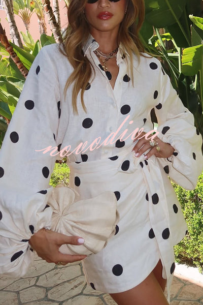 Effortlessly Linen Blend Polka Dot Balloon Sleeve Blouse and Wrap Tie-up Loose Mini Skirt Set
