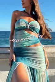 Soleil Mesh Printed Starfish Pendant Ruched Cutout Off Shoulder Maxi Dress