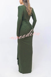 Solid Color Shiny Sexy V-neck Long Sleeve Ribbon Slit Slim Fit Maxi Dress