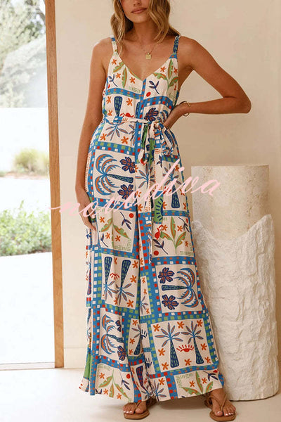 Unique Beach Vacation Print V-neck Suspenders Casual Wide-leg Jumpsuit