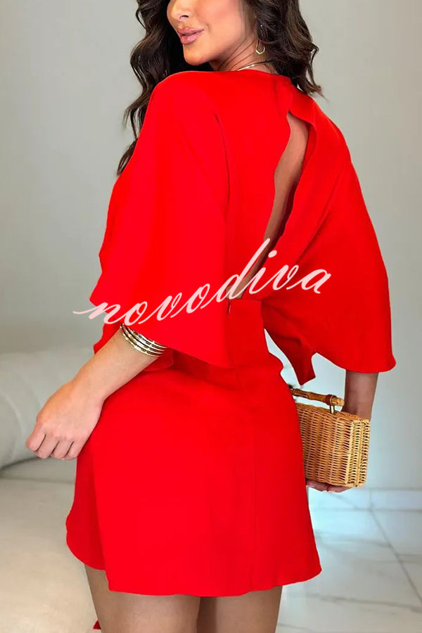 Solid Color V-Neck Half Sleeve Casual Irregular Mini Dress