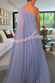 End of Light Chiffon One Shoulder Single-sleeve Shawl Ruched Maxi Dress