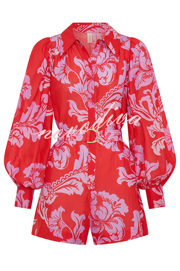 Linen Blend Botanical Print Lapel Puff Sleeve Loose Tie Casual Rompers