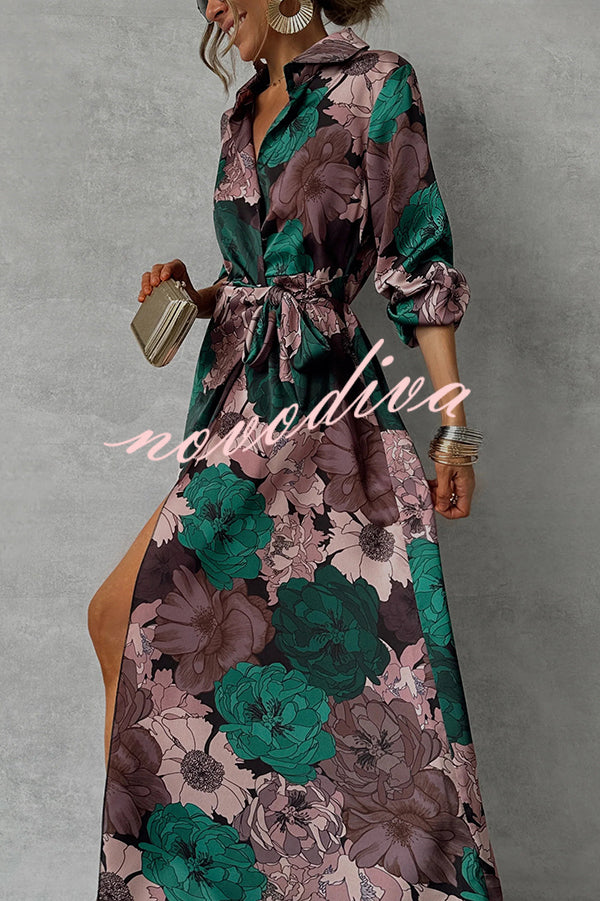 Floral Print Lapel Waisted Lace-up Long-sleeve Maxi Dress