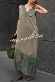 Luxury Winter Satin Lace Trim V-neck Sleeveless H-line Maxi Dress
