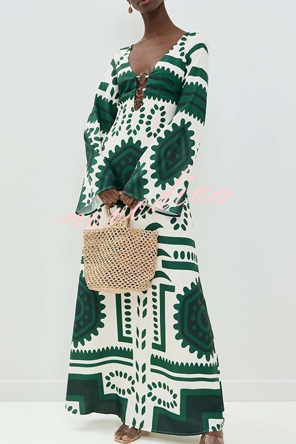 Holiday Fashion Unique Print Front Center Hollow Ring Long Sleeve Maxi Dress
