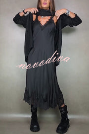 Fashionable V-neck Suspender Lace Splicing Casual Midi Dress