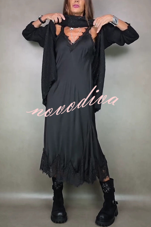 Fashionable V-neck Suspender Lace Splicing Casual Midi Dress