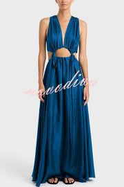 Midnight Charm Satin Ruched Cutout Tie-up Maxi Dress