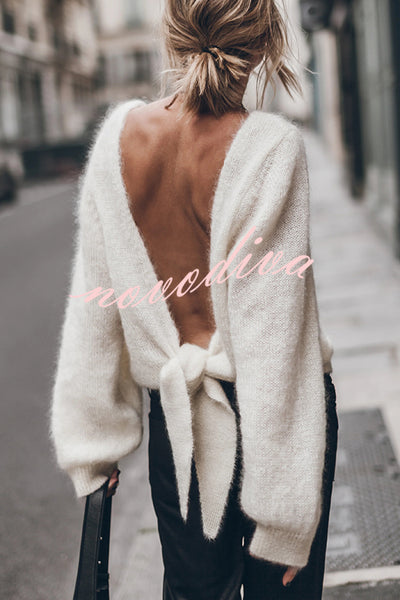 Chunky Season Knit Mohair-blend Long Sleeve Open Back Knot Design Loose Sweater