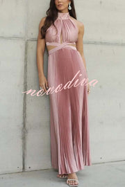 Stunning Choice Satin Pleated Halter High Neck Cutout Waist Backless Maxi Dress