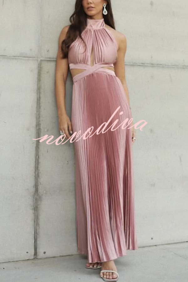 Stunning Choice Satin Pleated Halter High Neck Cutout Waist Backless Maxi Dress