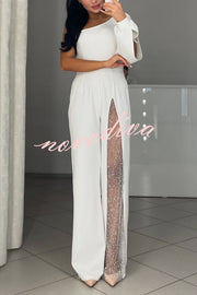 Fashionable Oblique Shoulder One-sleeve Sexy High Slit Slim Jumpsuit