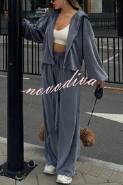 Velvet Casual Zip-up Hooded Top and Elastic Waist Wide Leg Pants Set