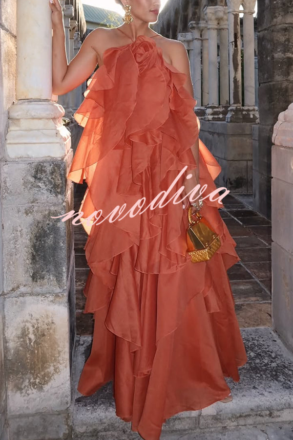 Free - Flowing Rose Detail Tiered Ruffles Halter A-line Maxi Dress