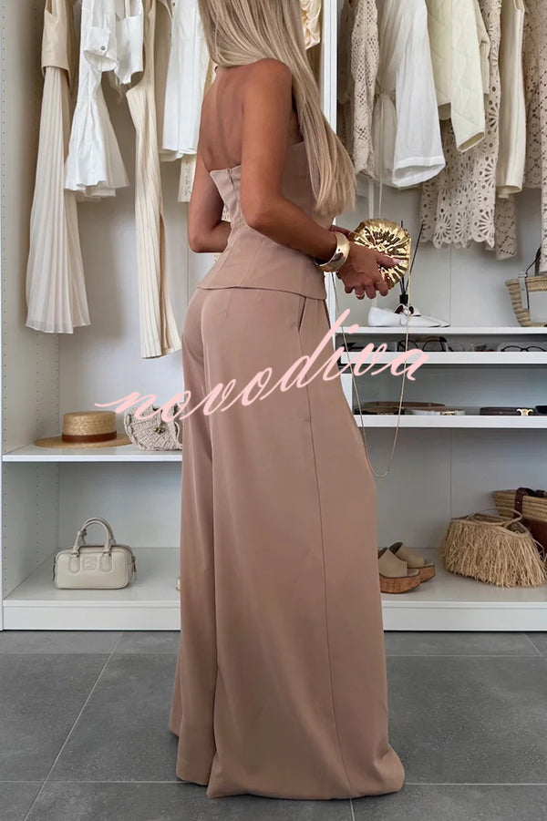 Elegant Solid Color Asymmetric Ruffles Bandeau Top and High Waist Wide Leg Pants Set