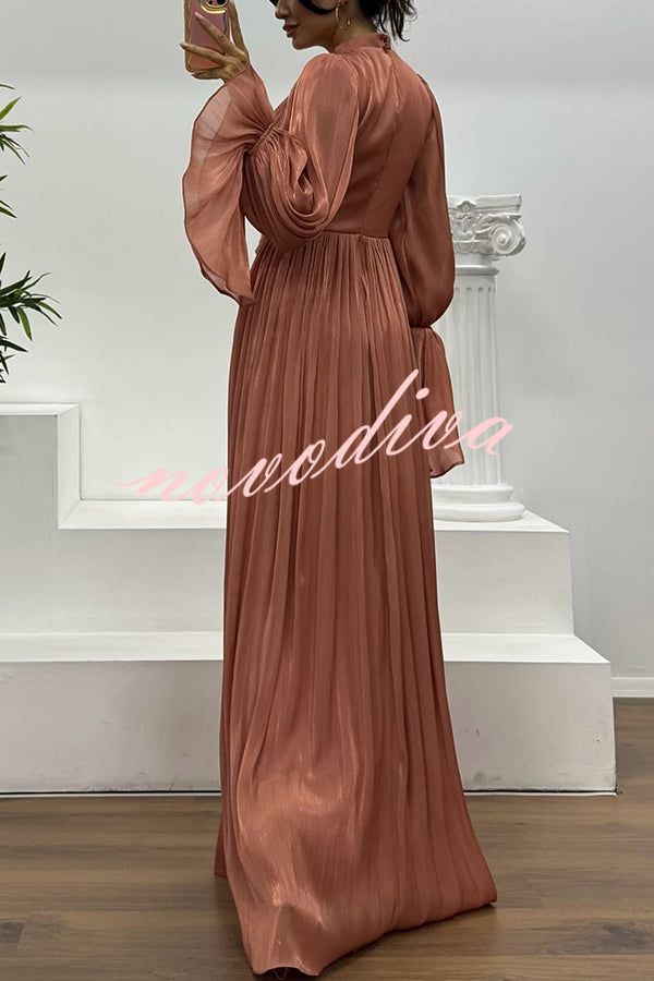 Ellah Shiny Fabric Chinese Stand Collar Twist Waist Balloon Sleeve Maxi Dress