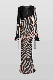 City Night Chiffon Colorblock Animal Print Tie-up Long Sleeve Maxi Dress