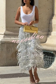 Evening Charm Layered Sequined Tassels High Rise Back Zipper Slit Midi Skirt