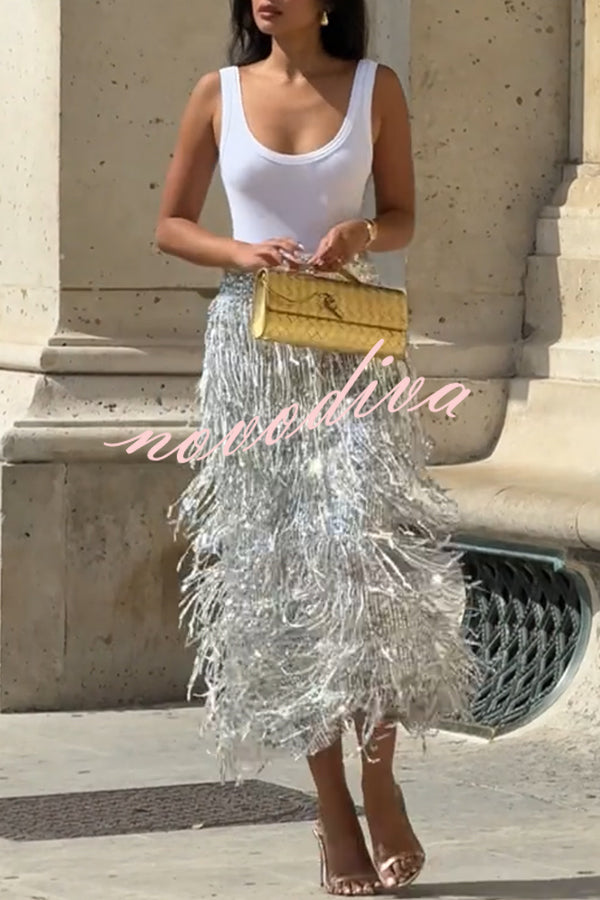 Evening Charm Layered Sequined Tassels High Rise Back Zipper Slit Midi Skirt