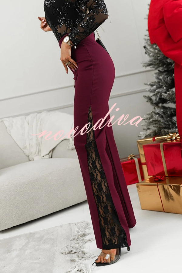 Joelie High Rise Elastic Waistband Side Lace Patchwork Flare Pants