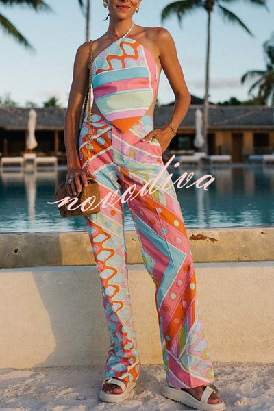 Kathy Unique Print Halter Scarf Tank and Elastic Waist Pocket Loose Pants Set