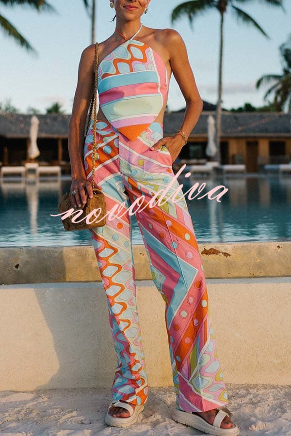 Kathy Unique Print Halter Scarf Tank and Elastic Waist Pocket Loose Pants Set