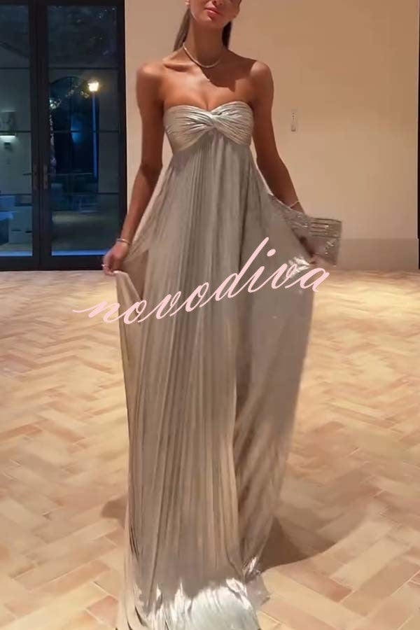 Night Elf Metallic Fabric Pleated Off Shoulder Twist Bust Slit Maxi Dress