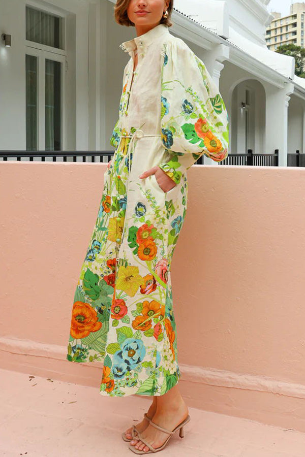 Summer Party Floral Print Balloon Sleeve Pocketed Belt Shirt Midi Dress