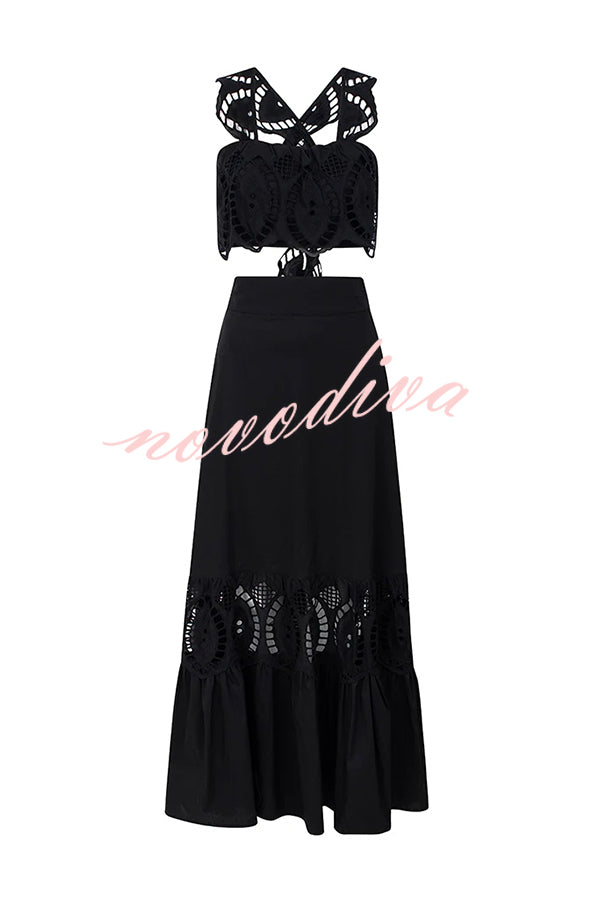 Summer City Hollow Lace Crop Tank and Elastic Waist Pocketed A-line Maxi Skirt Set