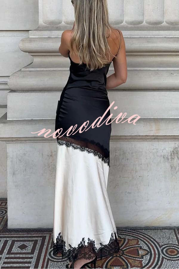Soft and Romantic Satin Lace Trim Colorblock V-neck Side Slit Maxi Dress