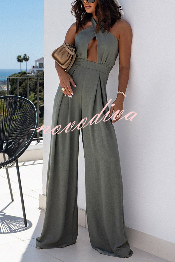 Easy Mode Cross-neck Halter Strap Backless Wide Leg Jumpsuit