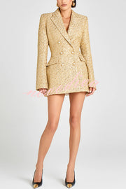 Heels Click Tweed Fabric Pearl Button Long Sleeve Lapel Blazer Mini Dress