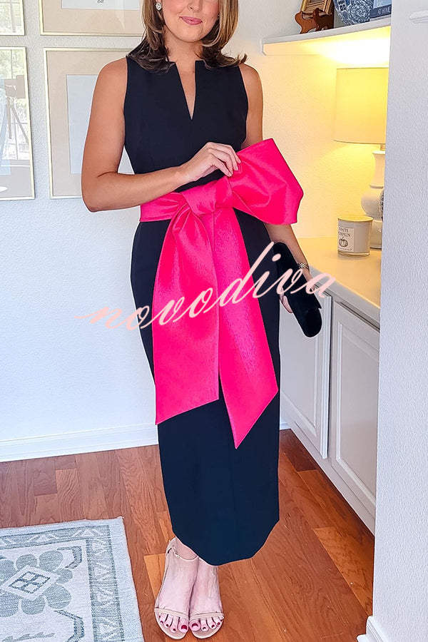 Clean Tailored Taffeta Contrast Oversized Bow Tie Waist Midi Dress