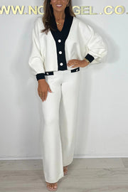 Fashion Contrast Color V-neck Loose Cardigan and Elastic Waist Casual Pants Set
