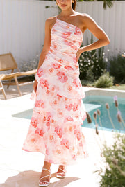 Romantic Season Flower Print One Shoulder Ruched Tiered Maxi Dress