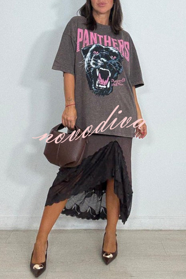 Rolen Satin Lace Patchwork Elastic Waist Irregular Hem Midi Skirt