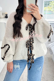 Fashionable Loose Long-sleeved Leopard Print Lace-up Knitted Sweater Cardigan