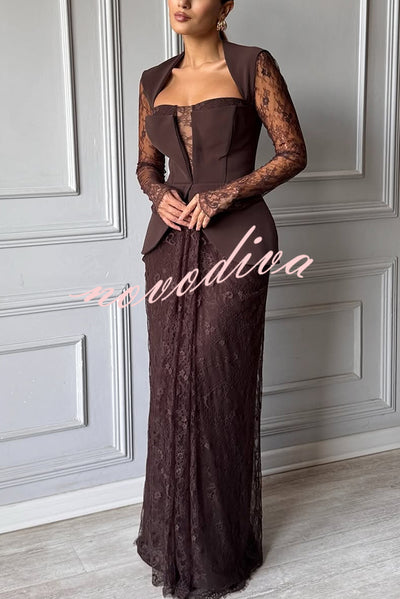 Belle Contrast Sheer Lace Fabric Patchwork Square Neck Long Sleeve Drape Maxi Dress